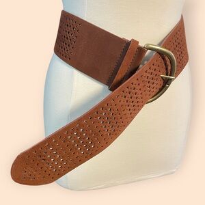 Genuine leather brown boho western belt 39.5” length perforated cutout